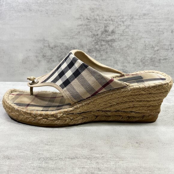 Burberry Nova Check Canvas Espadrille Thong Wedge Sandals - Women's EU 38 / US 8 - Picture 1 of 13